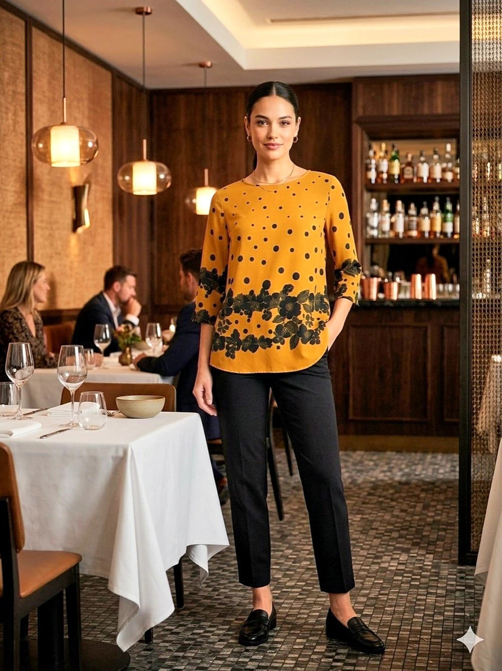 Emery Rose Boho Mustard Yellow Black Polka Dot Floral Border Print Top M
